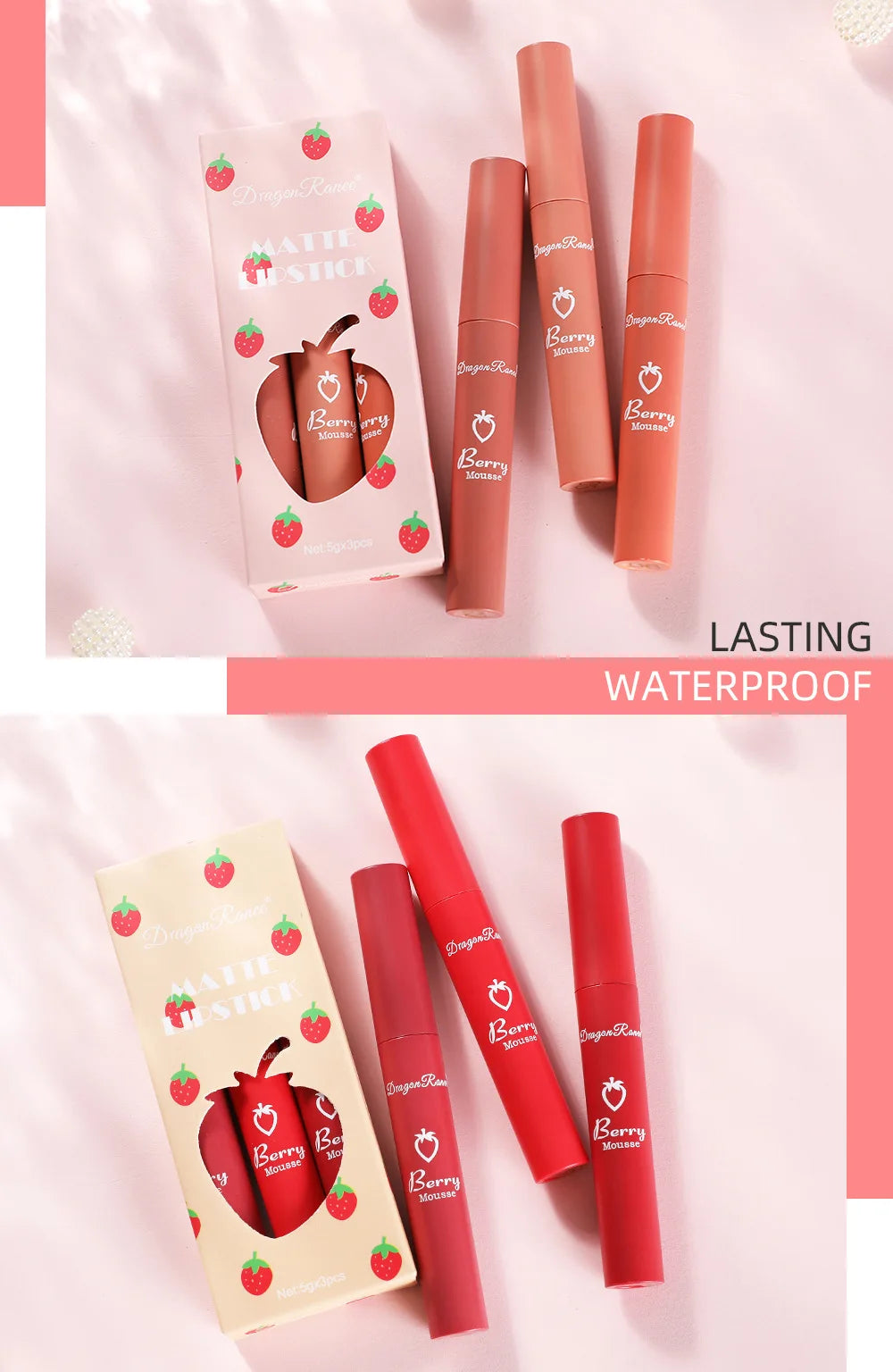 3 pcs Strawberry Lip Glaze Set Velvet Matte Liquid Lipstick Lipstick Non stick Cup