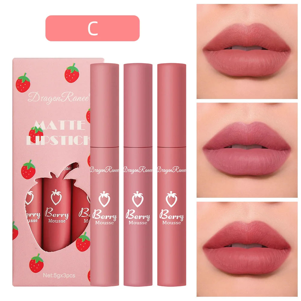 3 pcs Strawberry Lip Glaze Set Velvet Matte Liquid Lipstick Lipstick Non stick Cup