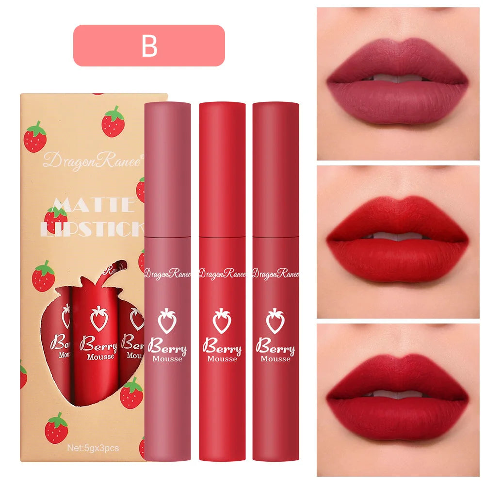 3 pcs Strawberry Lip Glaze Set Velvet Matte Liquid Lipstick Lipstick Non stick Cup