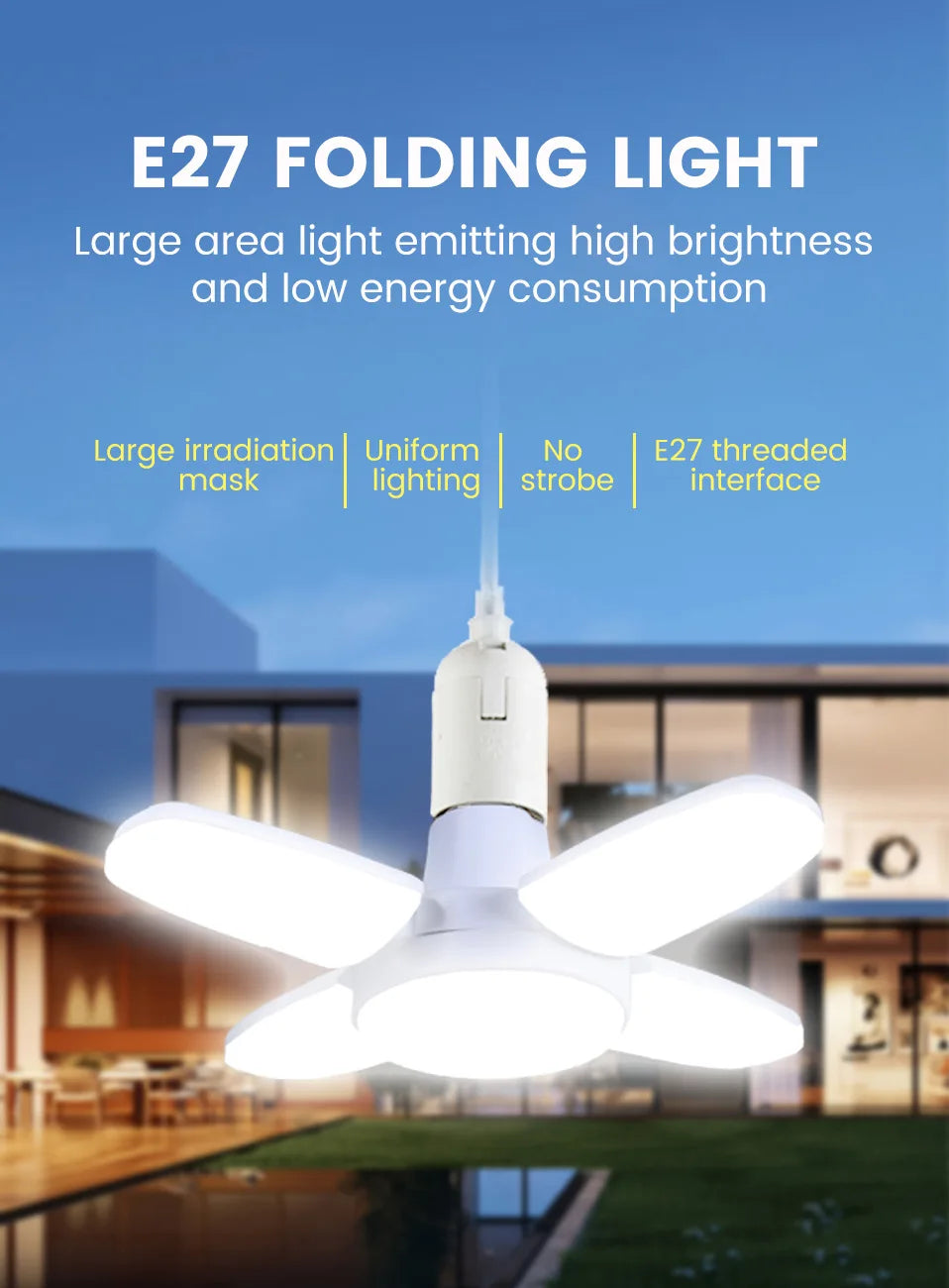 E27 Fan Foldable 28W LED Bulb AC220V/110V 40 Bulb Deformation for Home Ceiling Lights Warehouse and Garage White Light6500K Bulb