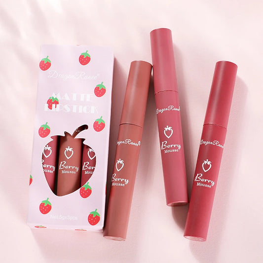 3 pcs Strawberry Lip Glaze Set Velvet Matte Liquid Lipstick Lipstick Non stick Cup