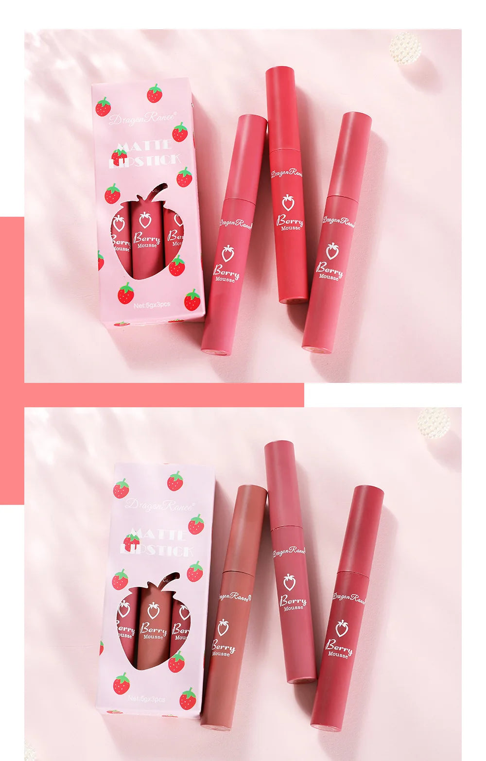 3 pcs Strawberry Lip Glaze Set Velvet Matte Liquid Lipstick Lipstick Non stick Cup